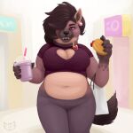  &lt;3 2020 anthro belly big_belly big_breasts black_hair black_lips breasts brown_body brown_fur chubby_female cleavage_cutout clothing collar dewlap_(anatomy) double_chin ear_piercing ear_tuft fangs female food fur gold_(metal) gold_tooth hair hand_on_head hi_res holding_food holding_object hyaenid leena_(miltonholmes) lips looking_at_viewer mammal miltonholmes nails one_eye_obstructed overweight overweight_female piercing pink_eyes purple_clothing purple_shirt purple_topwear shirt shopping shopping_bag simple_background slightly_chubby smile smiling_at_viewer solo spots spotted_body spotted_fur thick_thighs topwear tuft watermark 