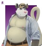  2022 anthro belly big_belly bottomwear clothed clothing didelphid hat headgear headwear hi_res kemono male mammal marsupial moobs navel nipples nookdae open_clothing open_shirt open_topwear overweight overweight_male pants pink_nose shirt simple_background solo topwear 