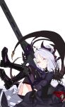  1girl bangs blue_archive breasts gloves gun halo highres hina_(blue_archive) horns long_hair long_sleeves looking_at_viewer multiple_horns pako_(pakosun) parted_bangs purple_eyes small_breasts solo weapon white_hair 