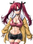  1girl amania_orz bakusou_kyoudai_let&#039;s_&amp;_go!! bakusou_kyoudai_let&#039;s_&amp;_go!!_max breasts brown_hair brown_jacket camisole cleavage closed_mouth crop_top dated jacket large_breasts long_hair looking_at_viewer midriff navel older oogami_marina pink_camisole simple_background solo twintails twitter_username white_background 