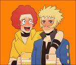  2boys :d afro alcohol arm_around_neck beer black_choker black_shirt blonde_hair blue_eyes blue_jacket blush choker closed_mouth collared_shirt flint_(pokemon) grey_eyes holding jacket jaho laughing looking_at_another lowres male_focus multiple_boys open_clothes open_jacket open_mouth orange_background pokemon pokemon_(game) pokemon_dppt raised_eyebrows red_hair shirt simple_background smile spiked_hair tongue upper_body volkner_(pokemon) yellow_shirt 