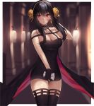  1girl absurdres bangs bare_shoulders black_dress black_gloves black_hair black_legwear blood blood_on_face border breasts cleavage dress earrings gloves gold_earrings gold_hairband highres holding jewelry large_breasts long_hair looking_at_viewer red_eyes rose_hair_ornament short_dress short_hair_with_long_locks sidelocks solo spy_x_family standing thighhighs thighs vitaminechan white_border yor_briar 