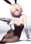  1girl :d absurdres alternate_costume animal_ears black_legwear black_leotard bow bowtie breasts elbow_gloves fake_animal_ears fate/grand_order fate_(series) gloves hair_over_one_eye highres holding holding_tray large_breasts leotard looking_at_viewer mash_kyrielight open_mouth pantyhose playboy_bunny purple_eyes pyonsan rabbit_ears red_bow red_bowtie short_hair sitting smile solo tray white_gloves wrist_cuffs 