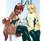  absurd_res anthro blush breasts canid canine clothed clothing female fur hair hi_res legwear looking_at_viewer mammal smile treyer 