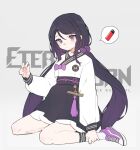  1girl ban_mumani black_hair black_skirt black_survival bow braid eternal_return:_black_survival hair_behind_ear hyejin_(black_survival) korean_clothes korean_commentary lighter low_twintails purple_bow purple_eyes purple_footwear shoes side_braid sitting skirt sneakers solo speech_bubble twintails wariza 