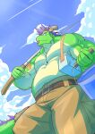  2022 asian_mythology belt blue_clothing blue_topwear blue_vest bottomwear box brown_bottomwear brown_clothing brown_shorts bucket cargo_shorts clothing cloud colored container dragon east_asian_mythology eastern_dragon fishing_rod fur green_body green_scales hi_res low-angle_view male mane morenatsu multicolored_body multicolored_fur muscular muscular_male mythology purple_mane scales scalie shorts sky slightly_chubby solo tan_body tan_scales tatsuki_(morenatsu) tongue tongue_out topwear two_tone_body two_tone_fur vest video_games visual_novel zenyama_xin 