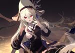  1girl arknights bangs black_background black_dress black_headwear cowboy_shot dress dust eyebrows_behind_hair grey_hair hand_up hua_ye long_hair long_sleeves looking_at_viewer parted_lips puffy_long_sleeves puffy_sleeves red_eyes simple_background smile solo specter_(arknights) specter_the_unchained_(arknights) upper_body very_long_hair 