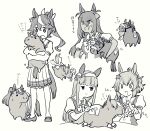  4girls air_groove_(umamusume) anger_vein animal_ears animalization bouquet carrying chicken_leg dark-skinned_female dark_skin eating greyscale highres hishi_amazon_(umamusume) horse horse_ears horse_girl horse_tail hug monochrome multiple_girls narita_brian_(umamusume) pony ribbon running school_uniform shoes silence_suzuka_(umamusume) sound_effects sweat taiki_shuttle_(umamusume) tail takatsuki_nato tokai_teio_(umamusume) tongue tongue_out tracen_school_uniform translation_request umamusume 