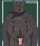  absurd_res anthro balls big_balls black_body black_fur blaidd_(elden_ring) blush canid canine canis cape claws clothing elden_ring fangs foreskin fromsoftware fur genital_piercing genitals hi_res humanoid_genitalia humanoid_penis kneeling male mammal muscular muscular_anthro muscular_male navel nipples pecs penis penis_piercing piercing pubes scar simple_background solo tocatao video_games wolf 
