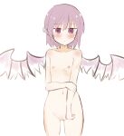  1girl animal_ears ass_visible_through_thighs bangs bird_wings blush closed_mouth collarbone covering cowboy_shot expressionless eyebrows_visible_through_hair feathered_wings flat_chest highres looking_at_viewer mystia_lorelei navel nipples no_hat no_headwear nude purple_eyes purple_hair pussy rogu_(log_264) short_hair simple_background solo standing thigh_gap touhou white_background white_wings wings 
