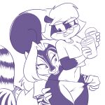  4_fingers anthro bent_over black_and_white blush bottomwear bottomwear_pull clothing clothing_pull container crop_top cup digital_media_(artwork) duo eyewear felid female female/female female_anthro fingers front_view fur glasses holding_cup holding_object hybrid lonbluewolf looking_at_another looking_down mammal mephitid midriff monochrome open_mouth pantherine panties pants pants_pull portrait sabrina_(sabrina_online) sabrina_online shirt simple_background skunk striped_body striped_fur stripes three-quarter_portrait tiger topwear underwear webcomic white_background zig_zag 