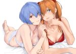  2girls ass ayanami_rei bare_shoulders blue_eyes blue_hair bra breasts cleavage collarbone foreshortening hair_ornament lingerie looking_at_viewer lying medium_breasts multiple_girls neon_genesis_evangelion orange_hair red_bra red_eyes shiny shiny_skin souryuu_asuka_langley underwear yamaishi_(mukoubuti) 