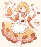  1girl :o apron bangs blonde_hair blush bow collared_dress cross-laced_clothes cross-laced_legwear cross-laced_sleeves crossed_legs cup dress food frilled_dress frills ghost halloween highres holding holding_tray jack-o&#039;-lantern_print juliet_sleeves layered_dress leg_garter long_sleeves looking_at_viewer maid maid_headdress medium_hair original petticoat puffy_sleeves signature solo star_furu striped striped_dress sweets teacup teapot tray yellow_eyes 