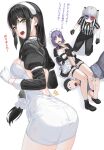  1boy 3d_glasses 3girls bangs black_gloves black_hair blush breasts cleavage dress eyebrows_visible_through_hair faceless faceless_male gloves grey_hair hairband highres kfr long_hair maid_headdress multiple_girls original puffy_sleeves purple_hair short_hair translation_request white_dress white_gloves 