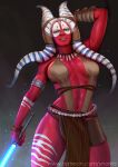  2020 abs alien alien_humanoid armlet black_eyes bottomwear bracelet breasts clothing female hand_behind_head humanoid jewelry lekku_(anatomy) lightsaber loincloth looking_at_viewer melee_weapon muscular muscular_female navel necklace not_furry portrait red_body red_skin shaak_ti solo star_wars three-quarter_portrait togruta weapon ynorka 