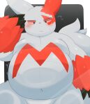  2022 absurd_res against_surface ai_only_dream anthro belly belly_squish black_claws blush claws front_view fur grey_body grey_ears grey_fur grey_tail hi_res multicolored_body multicolored_fur nintendo on_glass pok&eacute;mon pok&eacute;mon_(species) red_body red_ears red_fur solo squish two_tone_body two_tone_fur video_games zangoose 