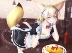  1girl animal_ears apron bangs black_dress blonde_hair blush breasts brown_hair character_request cleavage deku_suke detached_collar dress food frilled_apron frills gloves heart highres kemono_friends ketchup ketchup_bottle leaning_forward looking_at_viewer maid maid_apron maid_headdress medium_breasts medium_hair omurice smirk solo tail thighhighs white_gloves white_legwear 