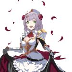  1girl absurdres armor armored_dress ascot bangs braid commentary cowboy_shot crown_braid eyebrows_visible_through_hair falling_petals flower genshin_impact green_eyes grey_hair hair_flower hair_ornament highres looking_at_viewer nicporim noelle_(genshin_impact) open_mouth petals red_ascot red_flower short_hair simple_background skirt_hold smile solo teeth upper_teeth white_background 