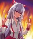  1girl absurdres artist_name bangs bow breasts buttons collared_shirt eyebrows_visible_through_hair fire fujiwara_no_mokou hair_bow highres hime_cut kanpaithighs long_hair long_sleeves pants pointing pointing_up pyrokinesis red_eyes red_pants shirt sidelocks signature sleeve_garter smile solo suspenders touhou white_bow white_hair white_shirt 