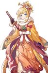  1girl bangs black_gloves blonde_hair blue_eyes blush breath closed_mouth cold fur-trimmed_gloves fur_trim gloves granblue_fantasy hair_bun hair_ornament hairpin hakama hakama_skirt hand_up hip_vent holding holding_sword holding_weapon japanese_clothes katana kimono kingyo_114 long_hair looking_at_viewer mirin_(granblue_fantasy) nose_blush scarf simple_background skirt solo split_mouth sword weapon white_background wide_sleeves yellow_kimono 