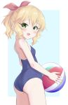  1girl absurdres ass ball beachball blonde_hair blue_swimsuit blush bow breasts from_behind green_eyes hair_bow highres idolmaster idolmaster_cinderella_girls idolmaster_cinderella_girls_starlight_stage looking_back minamoto_tarou one-piece_swimsuit open_mouth ponytail ribbon sakurai_momoka school_swimsuit short_hair small_breasts smile solo swimsuit thighs 