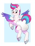  black_eyes blue_hair blue_tail blush diaper equid equine eyelashes feathered_wings feathers feces female feral hair hasbro hi_res hooves looking_back looking_down mammal messy_diaper mlp_g5 my_little_pony pegasus pink_hair pink_tail sheepypeepy soiling solo underhoof white_body wings zipp_storm_(mlp) 