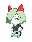  clothed clothing clothing_lift dress dress_lift female flashing genitals green_hair hair hi_res humanoid kcn kirlia looking_at_viewer nintendo no_underwear not_furry pok&eacute;mon pok&eacute;mon_(species) pussy red_eyes simple_background smile solo video_games 