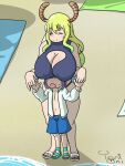  age_difference animal_humanoid beach big_breasts blonde_hair blush boob_hat breasts cleavage clothed clothing dragon dragon_humanoid duo eyes_closed female hair hand_holding hi_res human humanoid kikiiwiii long_hair male male/female mammal miss_kobayashi&#039;s_dragon_maid nipple_outline open_mouth quetzalcoatl_(dragon_maid) sand sea seaside shade_(disambiguation) smile towel water 