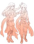  1boy 1girl bag bangs bare_shoulders belt blush boots bracelet dress fingerless_gloves fire_emblem fire_emblem:_path_of_radiance fire_emblem:_radiant_dawn gloves jewelry leggings long_hair looking_at_another micaiah_(fire_emblem) monochrome pants pouch scarf sepia side_slit sleeveless sleeveless_dress smile sothe_(fire_emblem) usachu_now white_background 