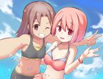  100_percent_orange_juice 2girls bikini brown_eyes brown_hair collarbone day green_bikini hand_on_another&#039;s_waist highres kelsuis midriff multiple_girls navel ocean one_eye_closed outdoors pink_bikini pink_eyes pink_hair qp_shooting selfie short_hair stomach suguri swimsuit v 