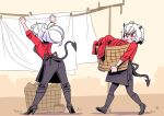  2girls aizak_moon apron black_footwear black_pants demon_girl demon_horns demon_tail grumpy helltaker highres horns laundry lucifer_(helltaker) malina_(helltaker) multiple_girls pants red_eyes red_shirt shirt tail white_hair 