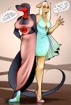  anthro big_breasts breasts clothed clothing conjoined curvaceous curvy_figure duo fakeanna felid female fusion hair hi_res high_heels lion long_hair mammal multi_head neckline neckline_dress pantherine reptile scalie slim snake solo voluptuous wide_hips 