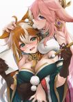  2girls absurdres ahoge animal_ears aqua_eyes bangs bare_shoulders breast_rest breasts brown_gloves cleavage commentary_request elocca fingernails genshin_impact gloves green_eyes hair_between_eyes hand_on_another&#039;s_head highres hina_(genshin_impact) holding holding_paper large_breasts long_hair multicolored_hair multiple_girls paintbrush paper pink_hair pink_nails purple_eyes revision simple_background sweatdrop two-tone_hair white_background white_hair yae_miko yuri 