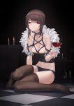  1girl alcohol arm_support bangs bare_shoulders black_choker black_panties breasts brown_hair brown_legwear candle choker cleavage collarbone cup drinking_glass eyebrows_visible_through_hair fang full_body highres holding holding_cup lingerie medium_breasts medium_hair midriff navel on_floor original panties red_eyes red_wine sitting solo strapless tdc24 thighhighs thighs tube_top underwear wine wine_glass 