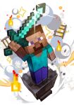  1boy anvil beard blue_eyes brown_hair diamond_sword explosion facial_hair holding holding_sword holding_weapon hungry_clicker looking_at_viewer minecraft minecraft_sword railroad_tracks shiny shirt solo standing_on_object steve_(minecraft) sword t-shirt weapon white_background 