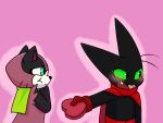  anthro appie4 big_eyes black_body black_eyes black_fur black_nose blue_sclera blush blush_lines brown_body brown_fur canid canine cape cartoon_network clothed clothing domestic_cat duo embarrassed fangs felid feline felis female fully_clothed fur gloves green_sclera handwear happy hi_res holding_object holidays interspecies looking_aside looking_at_another looking_at_partner looking_away male male/female mammal mao_mao:_heroes_of_pure_heart mostly_nude nude pink_background pink_ears pupils raccoon_dog romantic romantic_couple scarf scarf_only sheriff_mao_mao_mao shy simple_background slit_pupils smile standing suit tanuki tanya_keys tsundere valentine&#039;s_day 