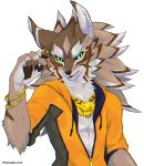  anthro black_sclera canid canine canis clothed clothing fur green_eyes hi_res jackal lifewonders looking_at_viewer male mammal open_clothing open_shirt open_topwear rorosuke_roro seth_(tas) shirt solo striped_body striped_fur stripes tokyo_afterschool_summoners topwear video_games yellow_clothing 