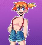  1girl :d arm_behind_back azex blue_eyes blue_shorts breasts collarbone commentary cowboy_shot eyebrows_visible_through_hair eyelashes highres misty_(pokemon) navel nipple_slip nipples open_mouth orange_hair outline pokemon pokemon_(anime) pokemon_(classic_anime) purple_background raised_eyebrows short_hair shorts side_ponytail smile solo suspender_shorts suspenders teeth tongue twitter_username unbuttoned_shorts upper_teeth 