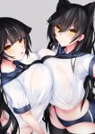  2girls animal_ears atago_(azur_lane) azur_lane black_buruma black_hair black_legwear breast_press breasts buruma closed_mouth dog_ears english_commentary extra_ears eyebrows_visible_through_hair fox_ears gradient_eyes grey_background hair_flaps highres huge_breasts long_hair looking_at_viewer midriff monotosu multicolored_eyes multiple_girls open_mouth red_eyes shirt short_sleeves simple_background standing symmetrical_docking takao_(azur_lane) thighhighs white_shirt yellow_eyes 