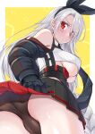  1girl ass azur_lane black_panties black_skirt braid breasts crop_top from_behind gekato hair_ribbon highres large_breasts long_hair panties pleated_skirt prinz_heinrich_(azur_lane) red_eyes ribbed_shirt ribbon shirt simple_background single_braid skirt solo underboob underwear very_long_hair white_hair yellow_background 