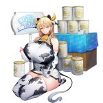  1girl alternate_hairstyle animal_ears animal_print baby_bottle bangs bear_ears bell blue_eyes bottle breast_strap breasts cow_ears cow_print cow_tail cowbell dress elbow_gloves english_text extra_ears frigga_(last_origin) full_body gigantic_breasts gloves grin hair_between_eyes hair_down highres jam_(nandade) lap_pillow_invitation last_origin mole mole_under_mouth neck_bell official_art seiza short_dress side_slit signpost sitting smile solo tachi-e tail thighhighs transparent_background 