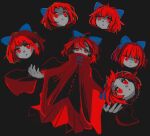  1girl :| absurdres ahoge black_background black_shirt blue_bow bow cloak closed_mouth covered_mouth expressionless hair_bow highres ichinose_(kurui96) juggling long_sleeves looking_at_viewer one-hour_drawing_challenge red_cloak red_eyes red_hair red_skirt sekibanki shirt short_hair simple_background skirt solo touhou upper_body wide_sleeves 