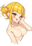  1girl bangs blonde_hair blunt_bangs blush boku_no_hero_academia breasts collarbone completely_nude cropped_torso double_bun eyebrows_visible_through_hair highres looking_at_viewer medium_breasts nude open_mouth rasusurasu short_hair sidelocks simple_background solo toga_himiko upper_body white_background yellow_eyes 