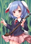  1girl animal_ears bamboo bamboo_forest bangs blue_hair blue_jacket blurry blurry_background blush breasts brown_eyes buttons collared_jacket collared_shirt eyebrows_visible_through_hair eyes_visible_through_hair forest gun hair_between_eyes hands_up highres jacket leaf long_sleeves looking_at_viewer medium_breasts miniskirt nature necktie one-hour_drawing_challenge open_mouth pink_skirt pointing rabbit_ears rabbit_tail red_necktie reisen_(touhou_bougetsushou) ruu_(tksymkw) shirt short_hair skirt smile solo standing tail tongue touhou weapon white_shirt 