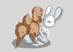 2022 big_ears breasts brown_body brown_fur brown_legs butt cel_shading chest_tuft colored digital_drawing_(artwork) digital_media_(artwork) dipstick_limbs duo eyes_closed featureless_breasts featureless_crotch female fluffy fluffy_tail fluffy_thighs fur grey_background grey_body grey_fur grey_markings kneeling lagomorph leporid looking_back mammal markings multicolored_body multicolored_fur nude on_top paws psychpsyo quadruped rabbit scut_tail shaded short_tail simple_background taur thick_thighs tuft whiskers white_body white_fur white_markings 