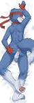  amber_eyes anthro backsack balls bandai_namco bandanna blue_body canid canine clothing dakimakura_design digimon digimon_(species) fingerless_gloves gaomon genitals gloves handwear hi_res kerchief lying male mammal nude on_front penis qftalorz solo 