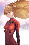  1girl bangs blue_eyes bodysuit breasts brown_hair closed_mouth cowboy_shot eyebrows_visible_through_hair floating_hair hair_between_eyes highres interface_headset long_hair neon_genesis_evangelion patreon_username plugsuit red_bodysuit signature siino small_breasts smile solo souryuu_asuka_langley standing twitter_username watermark 