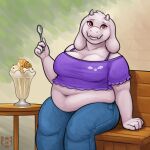  2022 4_fingers anthro bench big_breasts bottomwear bovid breasts caprine cleavage clothed clothing cutlery dessert eyelashes fangs female fingers food fur furniture goat hi_res holding_object horn ice_cream kitchen_utensils looking_at_viewer mammal miltonholmes navel overweight overweight_female pants purple_clothing purple_topwear red_eyes simple_background sitting smile solo spoon table thick_arms thick_thighs tools topwear toriel undertale undertale_(series) video_games watermark white_body white_fur 