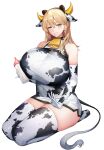  1girl alternate_hairstyle animal_ears animal_print baby_bottle bangs bear_ears bell blue_eyes bottle breast_strap breasts cow_ears cow_print cow_tail cowbell dress elbow_gloves extra_ears frigga_(last_origin) full_body gigantic_breasts gloves grin hair_between_eyes hair_down highres jam_(nandade) lap_pillow_invitation last_origin mole mole_under_mouth neck_bell official_art seiza short_dress side_slit sitting smile solo tachi-e tail thighhighs transparent_background 