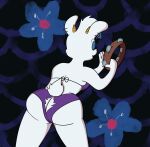  abstract_background anthro ass_up blue_eyeshadow bottomwear bovid caprine clothing eyeshadow female goat hi_res makeup mammal mature_female musical_instrument percussion_instrument smallfryspy solo tambourine torn_bottomwear torn_clothing two_piece_swimsuit 